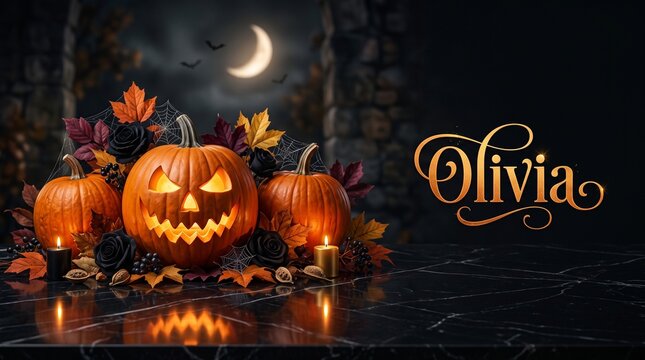 A festive Halloween display with glowing jack-o-lanterns, black roses, and autumn foliage on a dark reflective marble table, set against a night sky with a crescent moon, personalized for Olivia