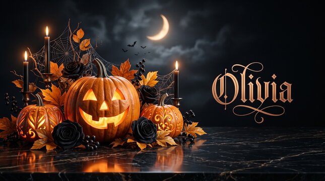 A decorative Halloween centerpiece with glowing jack-o-lanterns, black roses, and autumn leaves on a polished black marble surface, illuminated by candles under a crescent moon, named for Olivia