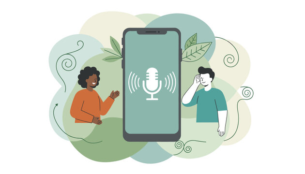 Digital communication concept showing two people using a voice assistant app on a large smartphone with sound waves.