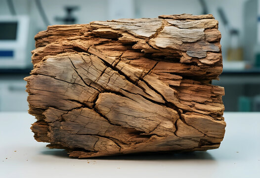 Dendrochronology and climate research, ancient wood sample for carbon dating and environmental analysis in a laboratory setting with scientific equipment