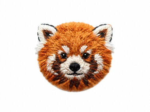 Red panda face with fluffy fur, round features, and distinctive white markings on cheeks and eyes against white background