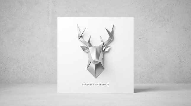 silver low poly deer head on white card against grey concrete background. season's greetings text. winter holiday celebration, christmas concept. greeting card, banner, website header with copyspace.
