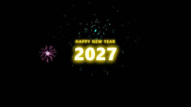 Bright Multicolor Fireworks Display With Glowing Happy New Year 2027 Text Against A Black Background Representing A Festive Holiday Celebration Event.