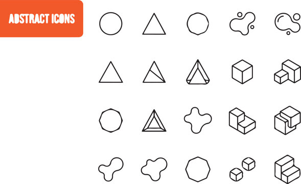 Collection of black and white abstract shape icons and 3D geometric form designs
