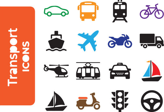 Set of colorful transport and travel line icons for vehicle and traffic concepts