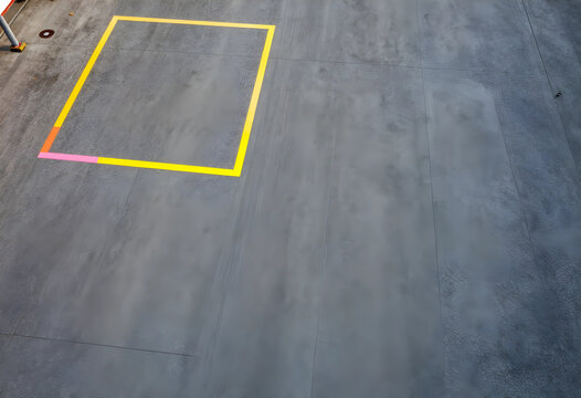 Logistics and warehouse management, yellow painted square marking on concrete floor for storage area or loading zone in industrial facility