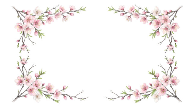 Four corner frame border made of pink cherry blossom branches isolated as PNG