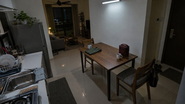 A small apartment interior featuring a wooden dining table with mugs and a bag, a kitchen area with a sink and refrigerator, and a living room with a sofa