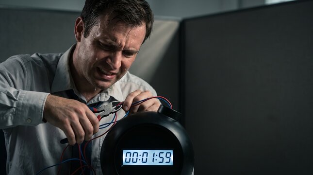 Stressed businessman sweating while defusing a ticking time bomb with wire cutters in an office cubicle, conceptualizing extreme work pressure and high-stakes deadlines