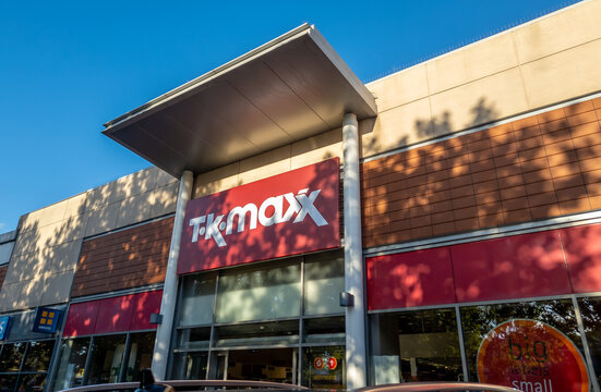 London. UK- September 08.2026. The name sign and facade of a branch of TK Maxx clothing retail company in a retail park.