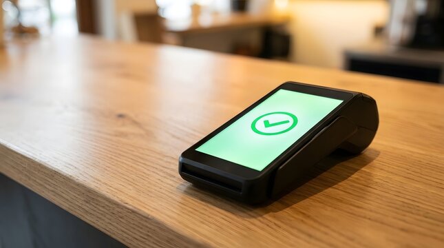 Modern POS terminal showing successful transaction on wooden counter