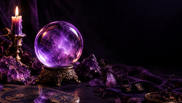 Purple Crystal Ball and Amethyst Stones in Mystical Occult Still Life.