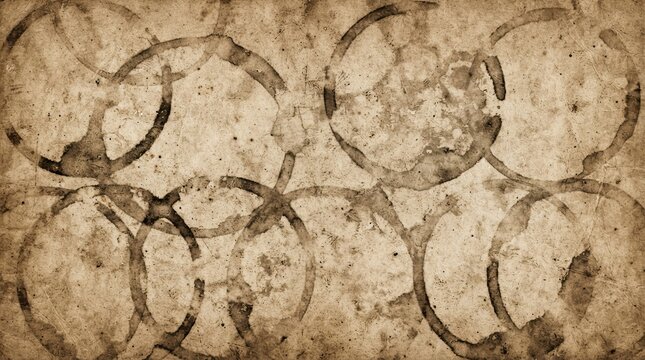 Old vintage paper texture with dark brown coffee cup ring stains