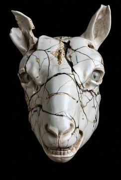 A cracked, white ceramic mask resembling a goat's head, with eerie blue eyes and a menacing grin. The mask is fragmented, with dark lines tracing the cracks across its surface.