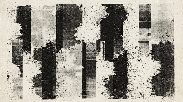 Abstract grunge texture with vertical black stripes and distressed ink splatters