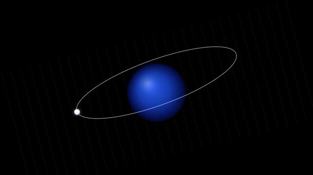 Digital illustration of a small white moon orbiting a large blue planet in deep space