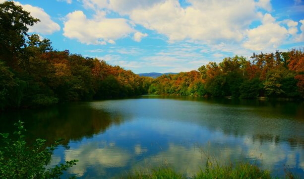 Peaceful lake with autumn colorful trees trees and reflection with white clouds, peaceful destination background