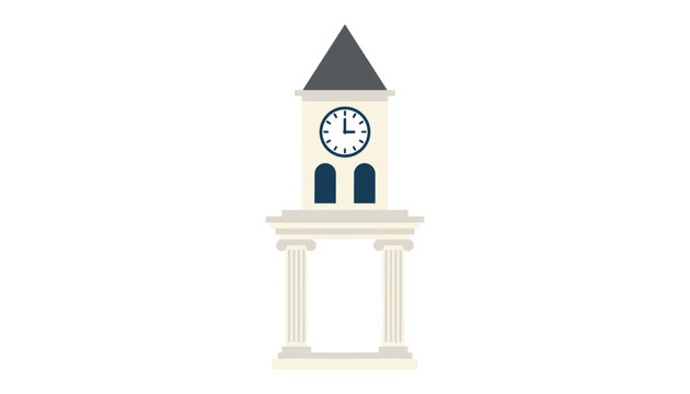 Tall and elegant clock tower building illustration featuring classic columns and a grey roof, perfect for history, architecture, and town hall themes.