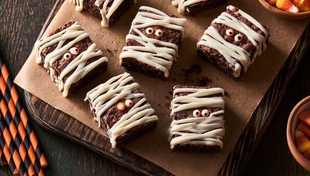 Spooky mummy brownies perfect for a Halloween party. These chocolate treats are decorated with white icing to resemble mummy bandages and have candy eyes for a fun and festive look