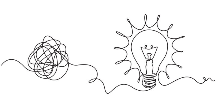 Printunraveling to glowing light bulb animation continuous one line drawing, Animated One continuous line drawing of tangled and scribble wires with light bulbs. Concept of complex problem solving pro