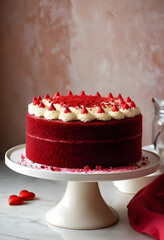 Naklejka premium Romance and celebration concept, red velvet cake with cream cheese frosting and heart decorations on a white cake stand for valentines day or anniversary