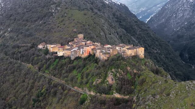 Aerial view of the historic hilltop village of Anversa degli Abruzzi, Italy.