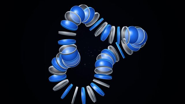 Abstract 3d composition featuring a swirling chain of blue and metallic circular discs arranged in a dynamic, flowing, and interconnected spiral pattern