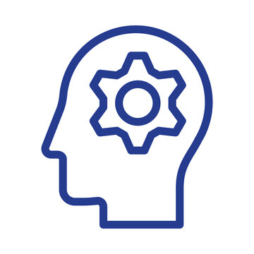 Minimalist blue icon showing a human head profile with a mechanical gear inside symbolizing cognitive processing transparent background