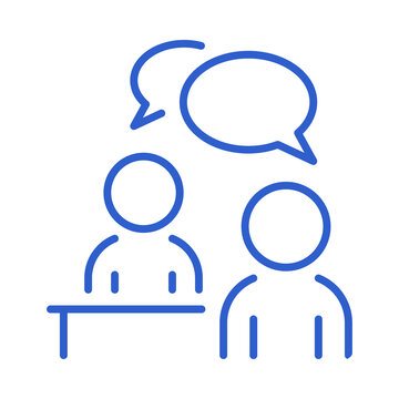 Blue outline icon of two people talking with speech bubbles on a white background transparent background