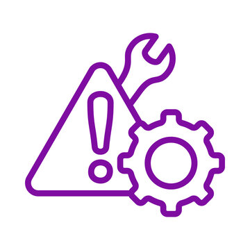 Purple outline icon featuring a wrench and gear inside a triangular warning sign for technical support concepts transparent background