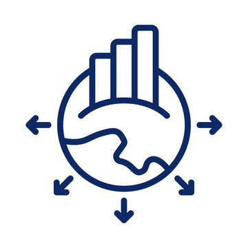 Global business growth icon with bar chart and outward pointing arrows representing international market expansion transparent background