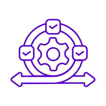 Purple outline icon of a gear with checkmarks and arrows for agile project management and workflow optimization processes transparent background