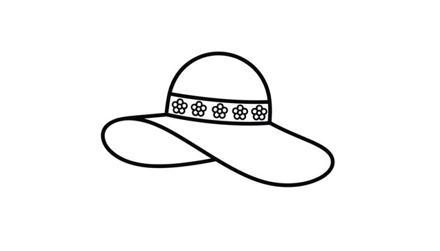 Simple line drawing of a wide-brimmed ladies sun hat decorated with a floral band for summer fashion concepts.