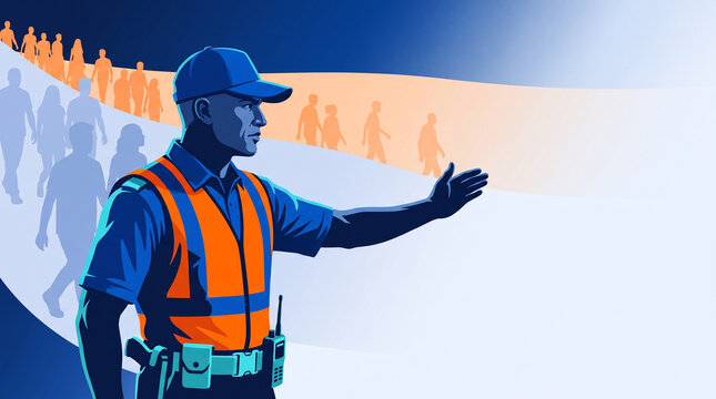Security personnel directing crowd at public event in safety gear  
