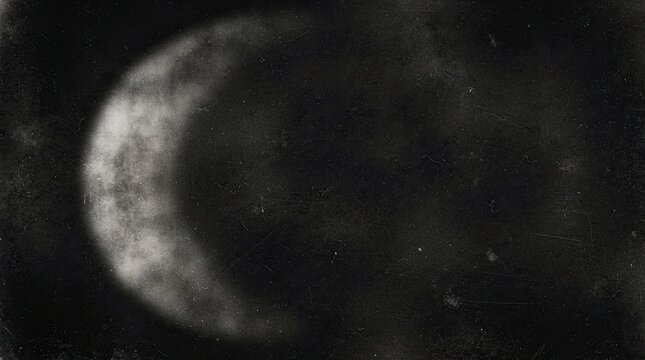 Abstract crescent moon shape with vintage film grain texture on dark background