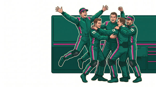 F1 team celebrating victory with excitement and camaraderie  