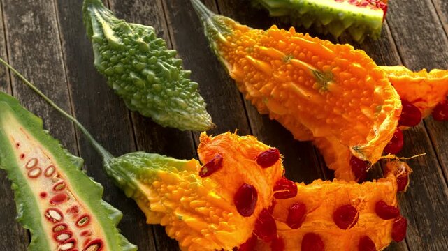 Bitter melons at different stages of ripeness with red seeds on dark, rustic wood. Table spin.
