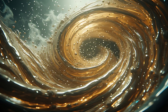 Golden swirling vortex of liquid with sparkling particles and smoke graphic design
