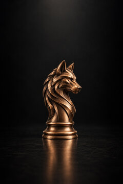 Strategic Thinking and Creative Problem Solving with a Sharp Mind, Bronze Wolf Chess Piece on Black Background Symbolizing Strategy and Intelligence