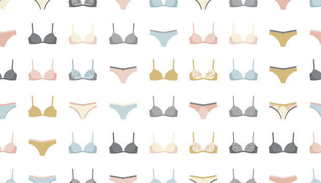 Seamless pattern of various styles and colors of bras and panties represents women's lingerie and fashion retail.