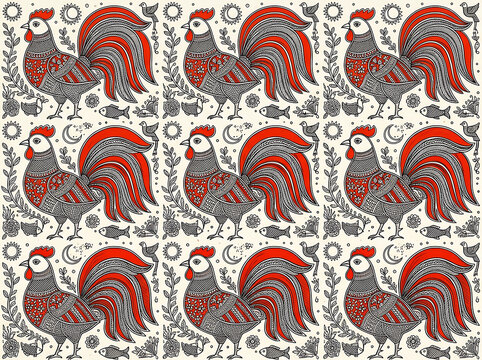 Vibrant rooster with intricate feather patterns showcasing bold red and black plumage in detailed repeating texture design