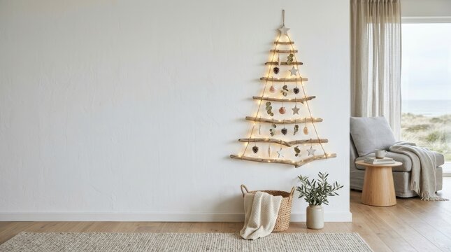 Alternative Christmas tree made of driftwood branches hanging on white wall. Cozy scandinavian living room with armchair, blanket and string lights.
