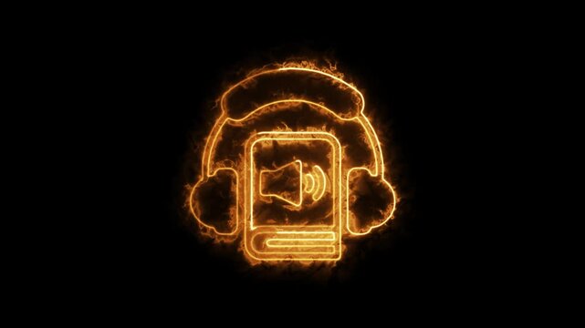 Orange burning fire neon audiobook icon with headphones on black background
