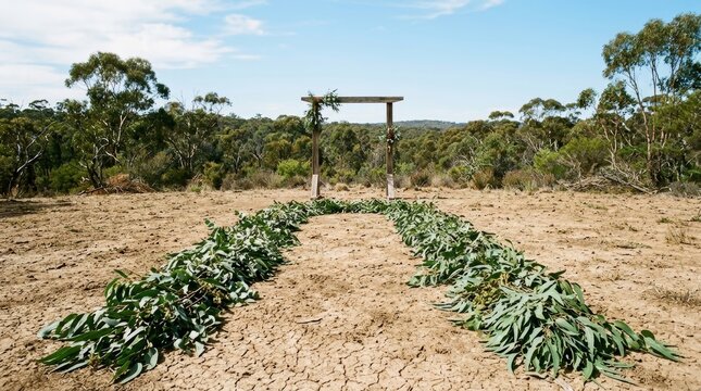 Wooden wedding arch decorated with flowers in dry field. Green eucalyptus leaves form aisle path leading to altar. Rustic outdoor ceremony venue setup in Australian bushland.