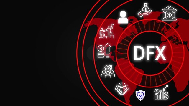 DFX acronym concept with business icons and Global Business Finance and International