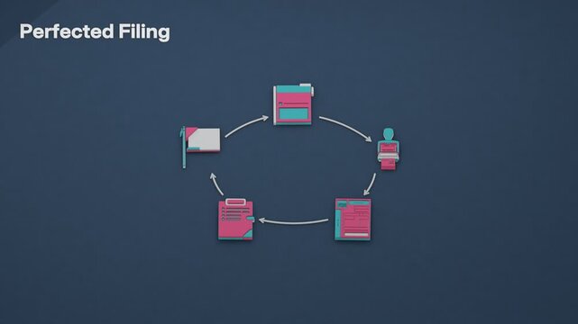 A secured party files a financing statement and records a continuation to maintain priority against later filings, presented as a standing process around an empty center. Flat 3D style; an English