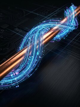 Glowing blue fiber optic light streams wrapping around copper cable on circuit board. Data flow visualizes high speed internet connection and digital network.