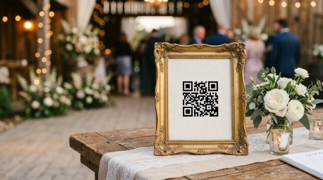 QR code in golden vintage frame on wooden table at wedding reception. White roses and candles decorate rustic venue with blurred guests.