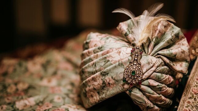 Traditional Indian groom turban with floral fabric, feather and ornate jewel brooch. Elegant wedding headwear lying on embroidered cloth in warm light.
