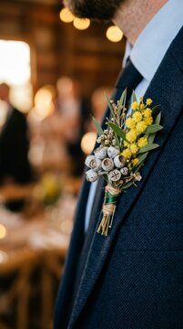 Man in navy suit wearing boutonniere of yellow mimosa and eucalyptus. Close-up of groom lapel flower with twine detail at wedding reception.